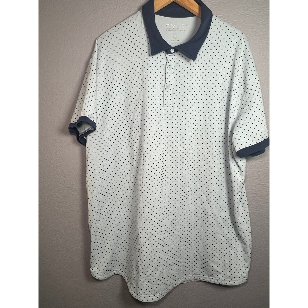 BYLT Premium Basics Lux Polo Mens XXL Light Blue Navy Polka Dot Short Sleeve